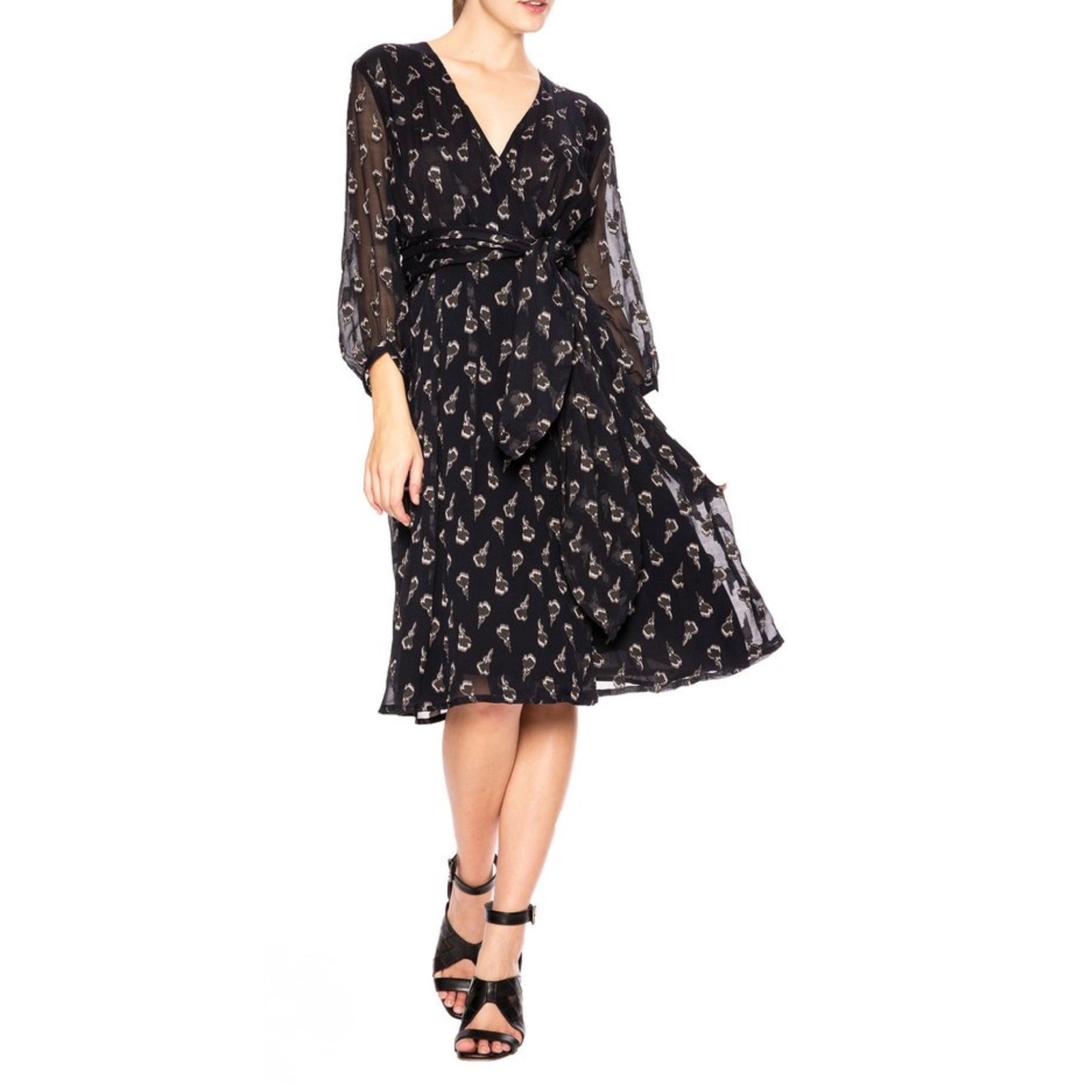 Ba&Sh Memory Silk Blend Black Midi Dress Long Sheer Sleeves Us Sz 8 Chic